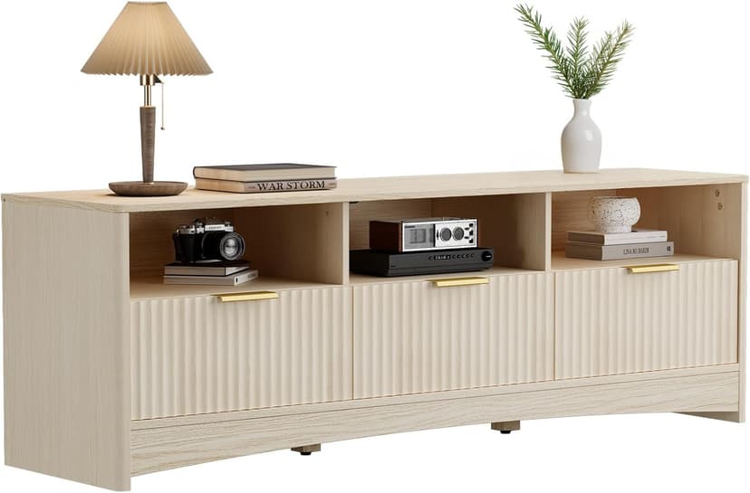Marsail 59″ Wide TV Stand for TVs Up to 65″, Modern Entertainment Center with Fluted Panels, 3 Easy-Sliding Drawers, Open Shelves & Cable Hole, 3-Tier TV Stands for Living Room & Bedroom, Natural Oak