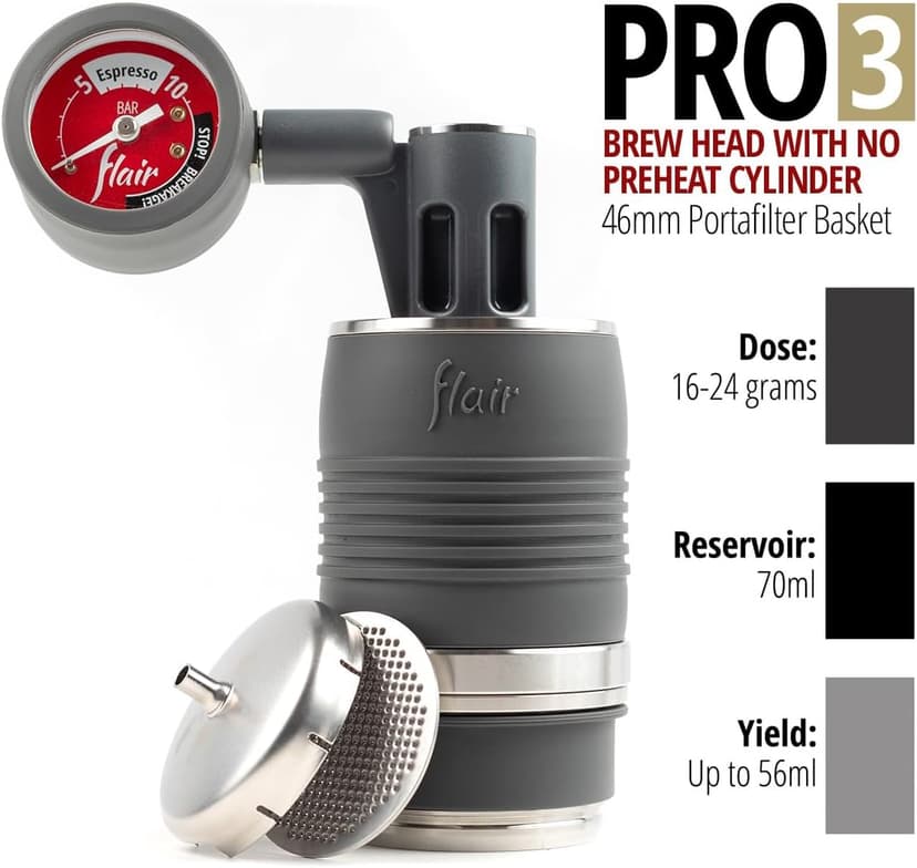 Flair UPDATED PRO 3 (Black) - All manual lever espresso maker with a stainless steel brew head, pressure gauge, and a shot mirror