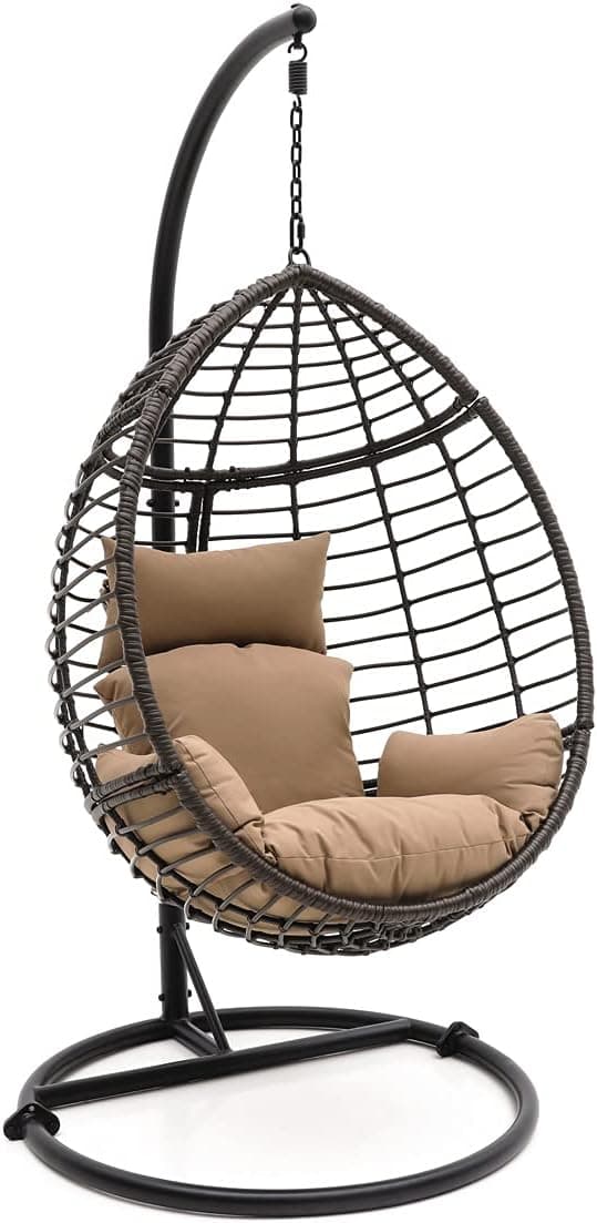 SereneLife Hanging Wicker Egg Swing Chair with Cushions & Stand – Brown Rattan Outdoor/Indoor Chair with 66 lb Capacity, Powder-Coated Steel Frame, Washable Weather-Resistant Cushions