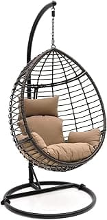 SereneLife Hanging Wicker Egg Swing Chair with Cushions & Stand – Brown Rattan Outdoor/Indoor Chair with 66 lb Capacity, Powder-Coated Steel Frame, Washable Weather-Resistant Cushions