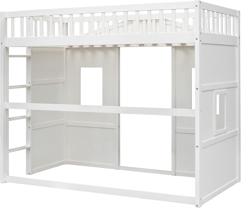 Merax Twin Size Wood Loft Bed, House Bed Frame with Ladder and Safety Guardrails for Kids, No Box Spring Needed, White