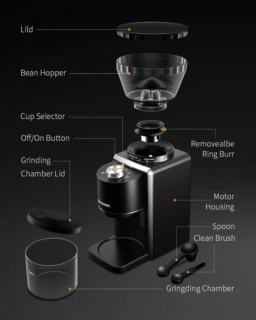 SHARDOR Conical Burr Coffee Grinder, Electric Coffee Bean Grinder with 35 Grind Settings, Adjustable for 2–12 Cups, Anti-Static Design, Black