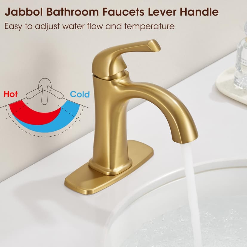 Brushed Gold Single Hole Bathroom Faucets, Single Handle Brass Bathroom Sink Faucet for 1 or 3 Holes, Vanity Faucet with Pop Up Drain and Supply Lines, Deck Plate