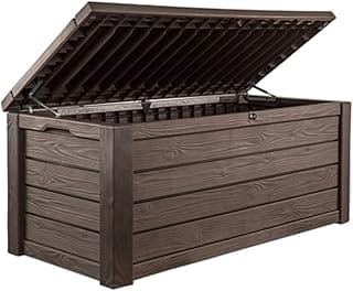 Keter Outdoor Storage Deck Box, 150 Gallon Resin Patio Bin & Bench, Wood Grain, Brown