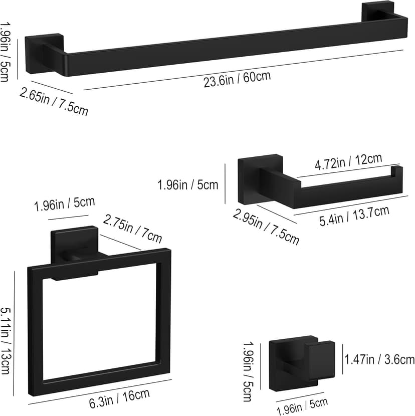 10-Pieces Matte Black Bathroom Accessories Set, 23.6 Inch Bath Towel Bar Set, SUS 304 Stainless Steel Bathroom Hardware Set, Towel Racks for Bathroom Wall Mounted.