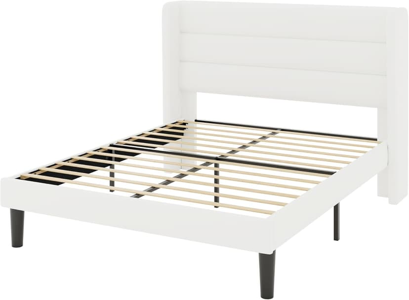 Allewie Queen Size Platform Bed Frame with Velvet Upholstered Wingback Headboard, No Box Spring Needed, Under Bed Storage Space, Strong Wooden Slats, Modern Mattress Foundation, Easy Assembly, White