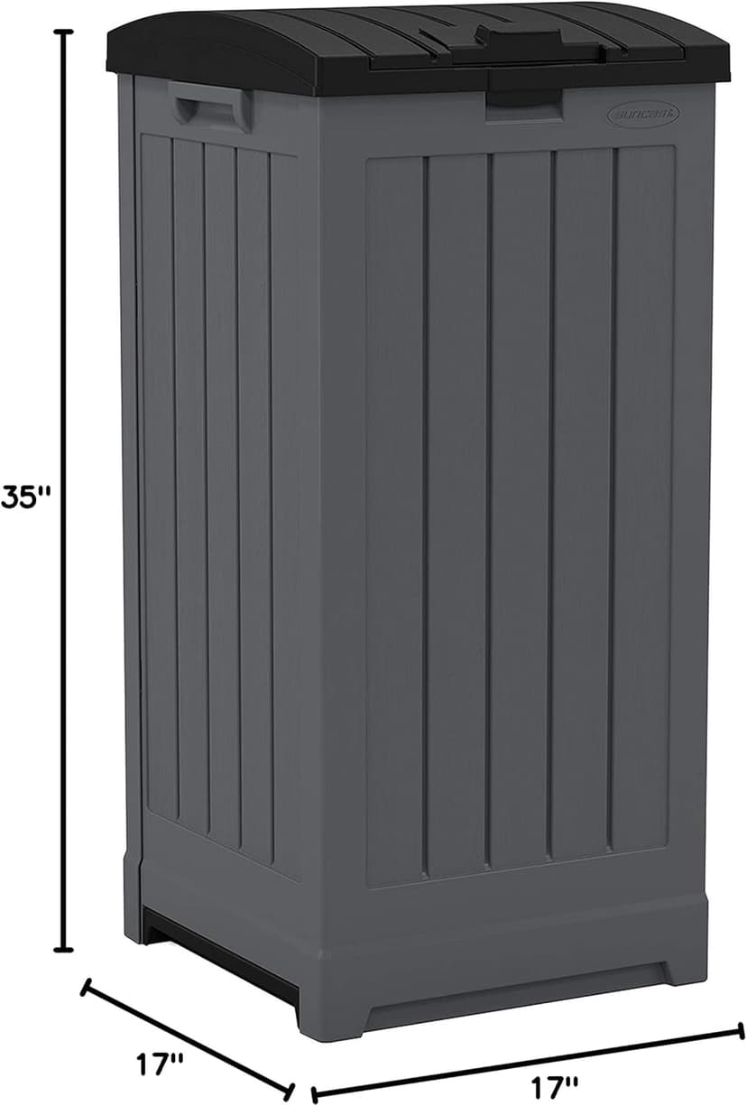 Suncast Trash Hideaway 39 Gallon Outdoor Trash Can Patio or Deck Waste Bin with Latching Lid, Liquid Tray, Handles, and Trash Bag Holder, Peppercorn