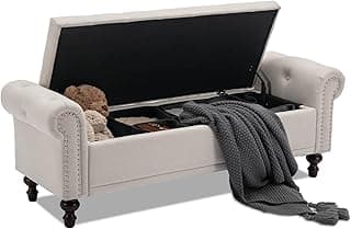 58.1'' Storage Bench Upholstered Linen End of Bedroom Bed Bench Ottoman with Tufted Cushioned Rolled Arm Large Storage Space for Reading Living Room Entryway, Beige