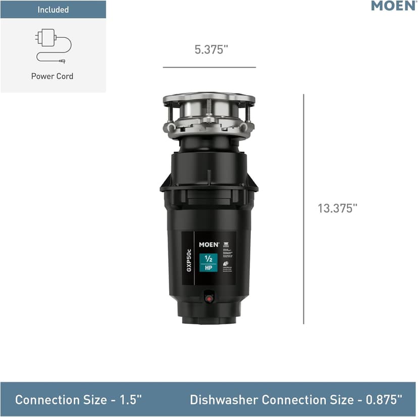 Moen Prep Series PRO 1/2 HP Continuous Feed Compact Garbage Disposal, Power Cord Included, GXP50C
