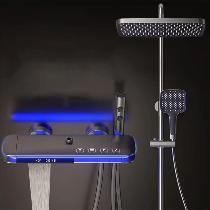 BEITH Thermostatic Shower System, 4 Piano Keys UFO Shower Faucet Set, 31x20cm Square Shower Set, Digital Display, 360° LED Ambient Light, Hydroelectric Power, with Bathtub Faucet (Gun Gray)