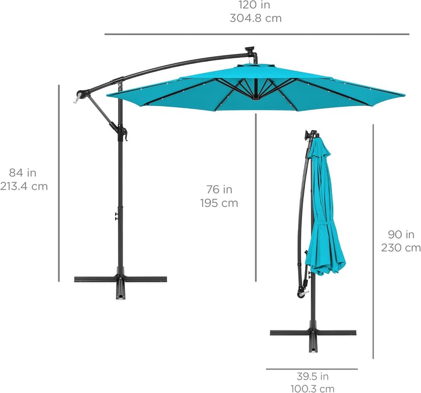 Best Choice Products 10ft Solar LED Offset Hanging Market Patio Umbrella for Backyard, Poolside, Lawn and Garden w/Easy Tilt Adjustment, Polyester Shade, 8 Ribs - Sky Blue