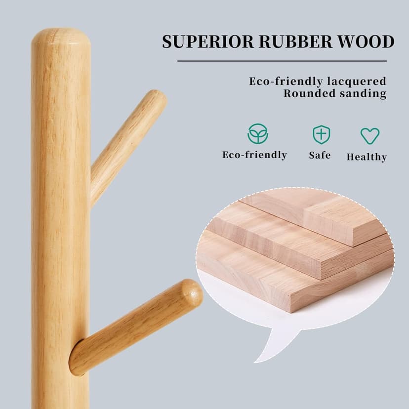 Wooden Coat Rack, Free Standing Coat Stand with 8 Hooks and 3 Height Options, Sturdy Kids Coat Tree Easy to Assemble, for Entryway Home Office Jackets Hat Purse Natural YD-1010