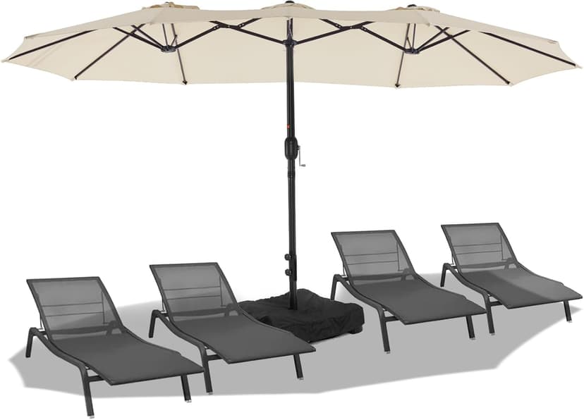 wikiwiki 15ft Large Patio Umbrellas with Base Included, Outdoor Double-Sided Umbrella with Crank Handle, Powerful UV Protective, for Pool Lawn Garden, Beige