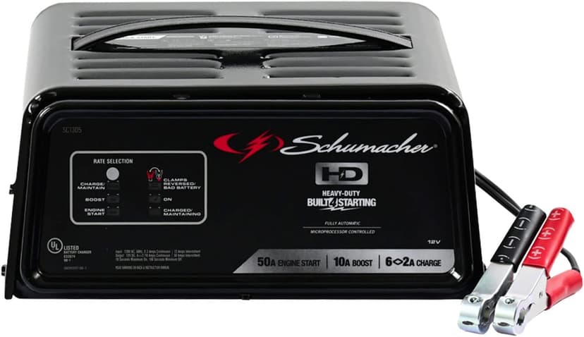 Schumacher Electric 6A Battery Charger and 50A Engine Starter, 4-in-1 Solution for 12V Batteries, Battery Maintainer, 10A Boost, SC1305, for Car, SUV, Truck, and Marine Batteries