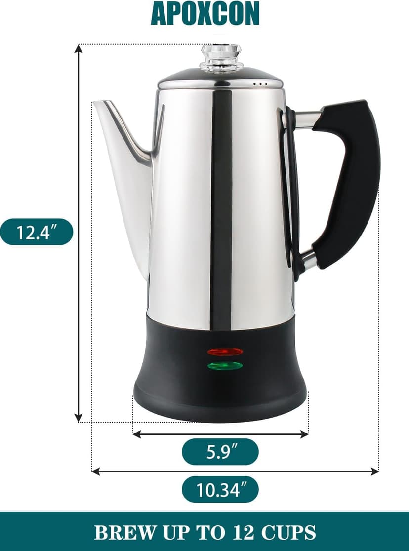 Electric Coffee Percolator Stainless Steel Coffee Maker with Two Heat Resistant Tough Glass Clear Brew Progress Knob Classic Look Keep Warm & Cordless Serving Coffee Pot 12 Cup