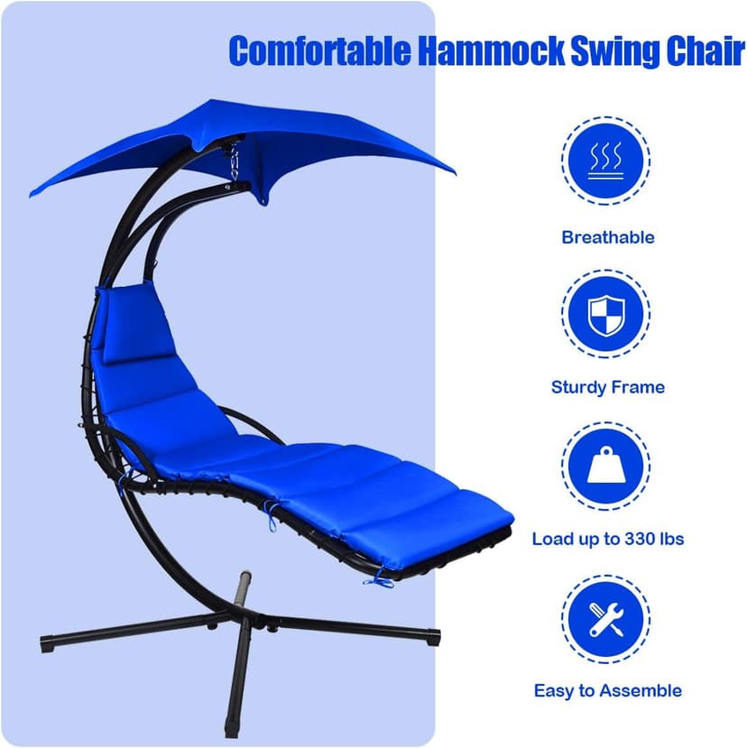 S AFSTAR Hammock Chair with Stand, Hanging Chaise Chair with Removable Canopy & Built-in Pillow, Hanging Curved Chaise Lounge Chair Swing for Porch Patio Poolside (Navy)