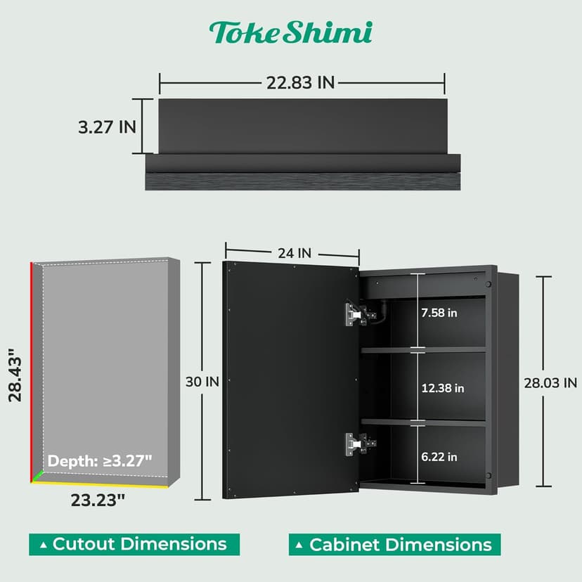 TokeShimi 24x30 Recessed Medicine Cabinet with Lights Mirror, 3-Color Stepless Dimmable LED Mirror Medicine Cabinet with Electrical Outlets and Defog, in Wall Mirror with Storage