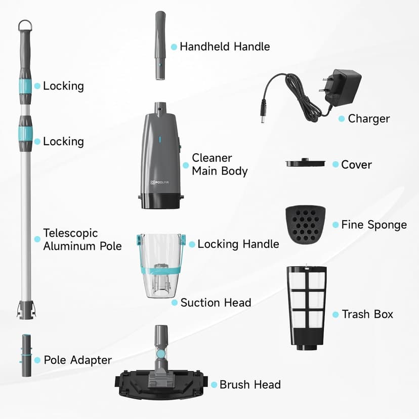 Cordless Handheld Pool Vacuum, Rechargeable Pool Cleaner with 16 Gal/Min Suction, 60 Min Runtime, Dual-Phase Cleaning System, Ideal for Above Ground Pools, Spas, Hot Tubs, Teal (2025 Version)