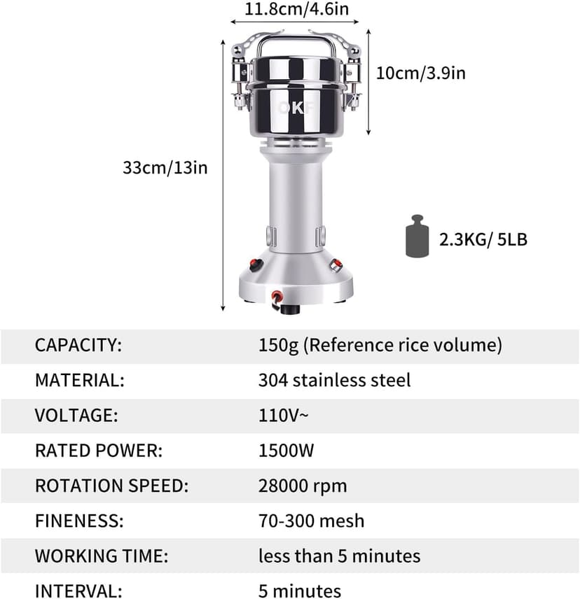 150g Grain Mill, 304 Stainless Steel Spice Grinder, 1500W High-speed Commercial Flour Mill, Superfine Flour Mill Grinder for Home, Grain Mill for Flour