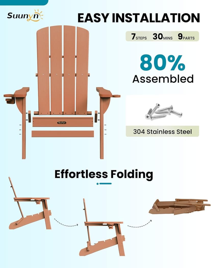 Folding Adirondack Chair 6 Pack, HDPE All-Weather Fire Pit Chairs, Plastic Adirondack Chairs with 2 Cup Holder, Outdoor Lawn Chair for Patio Garden (Teak)