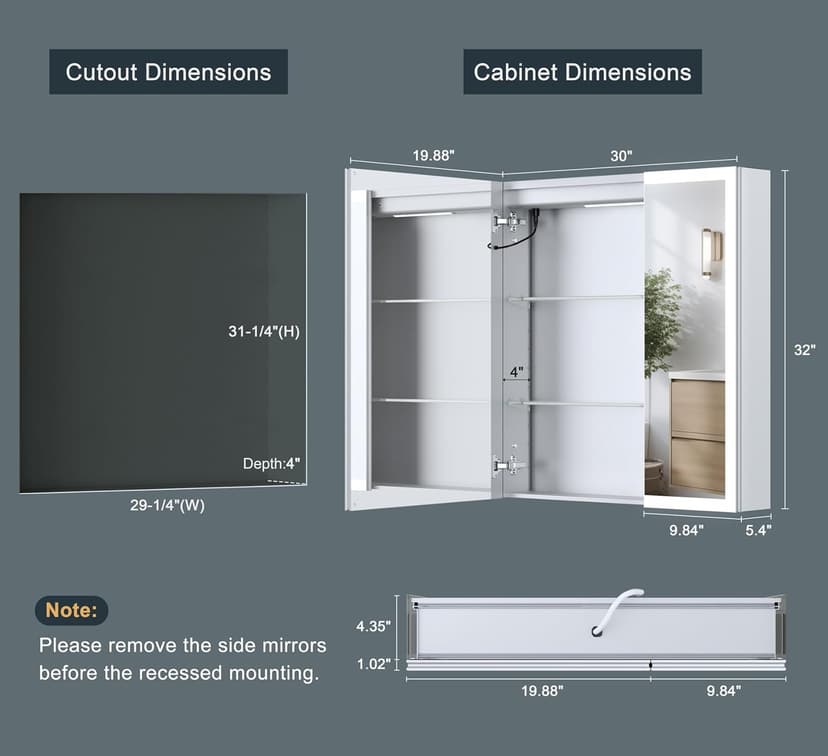 30x32 Inch Lighted Medicine Cabinet, AL Alloy Frame, Plug-in or Hardwired, Recessed or Wall Mount, Mirror Doors/3 Colors/Dimmable/Interior Sensor Light/Anti-Fog, 2 Outlets &USBs, 3 Shelves