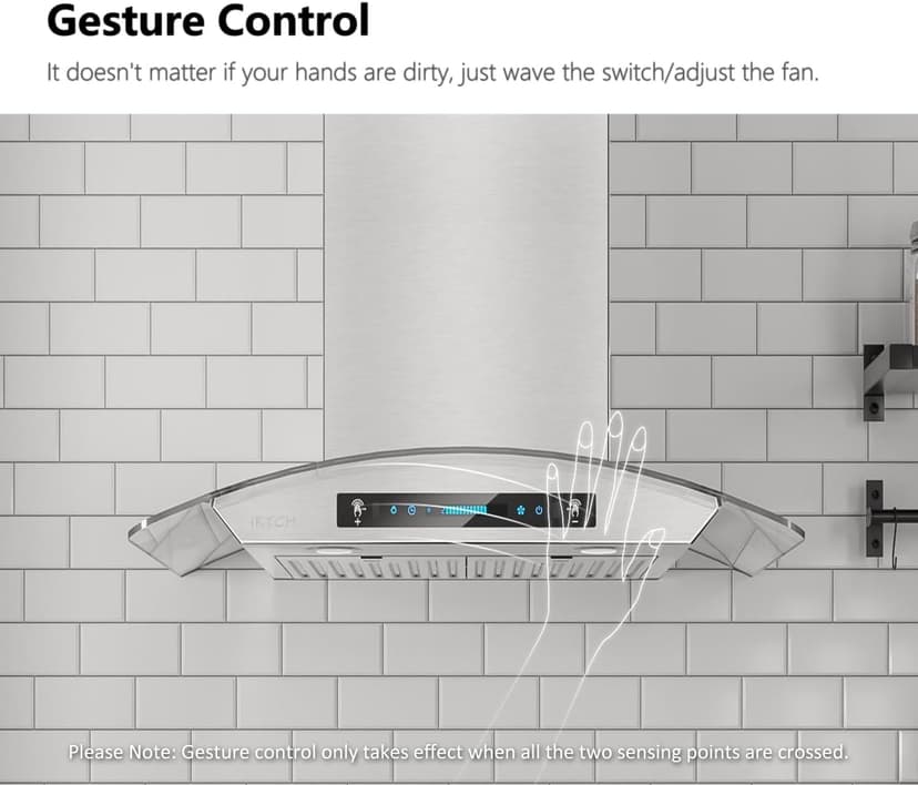 IKTCH 30-inch Wall Mount Range Hood Tempered Glass 900 CFM, Kitchen Chimney Vent Stainless Steel with Gesture Sensing & Touch Control Switch Panel, 2 Pcs Adjustable Lights(IKP03-30)