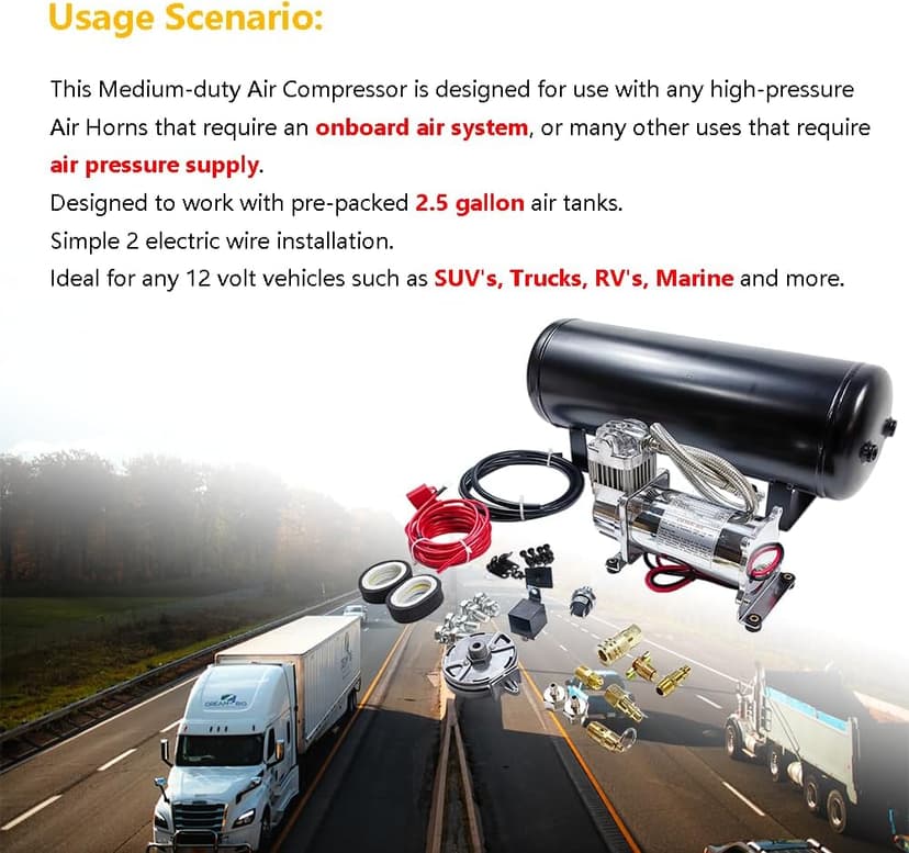 Medium Duty Onboard Air System/Kit 150 PSI Compressor 12V With 2.5 Gallon (9.5 Liter) Train/Air Horn Tank