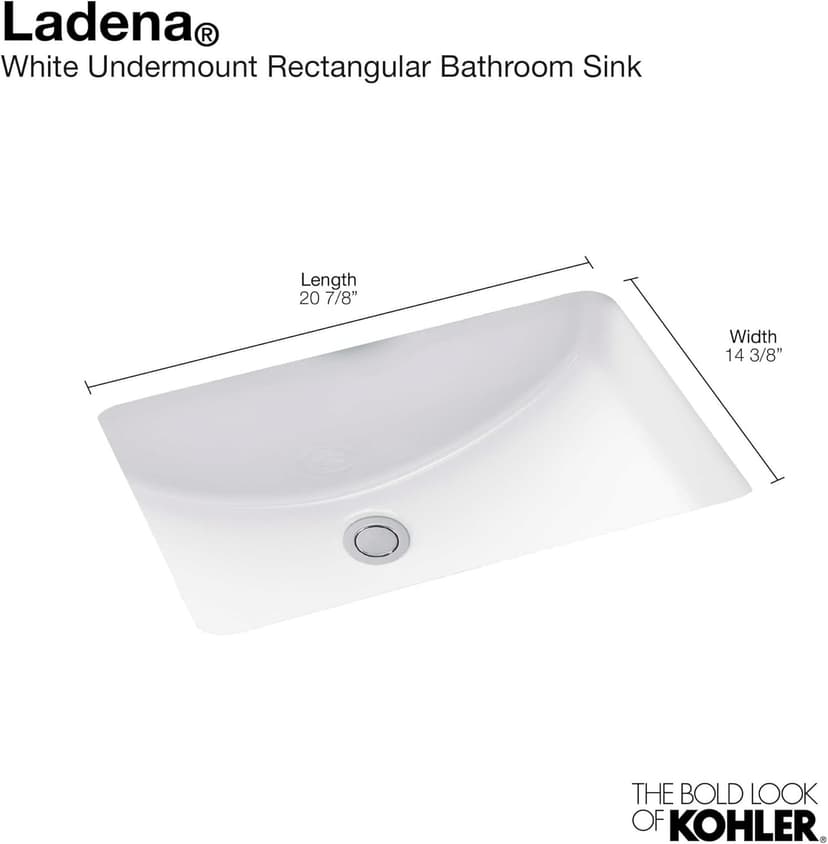 KOHLER 2214-0 Ladena Rectangular Undermount Bathroom Sink With Curved Bottom, 20-7/8" W X 14-3/8" L, White