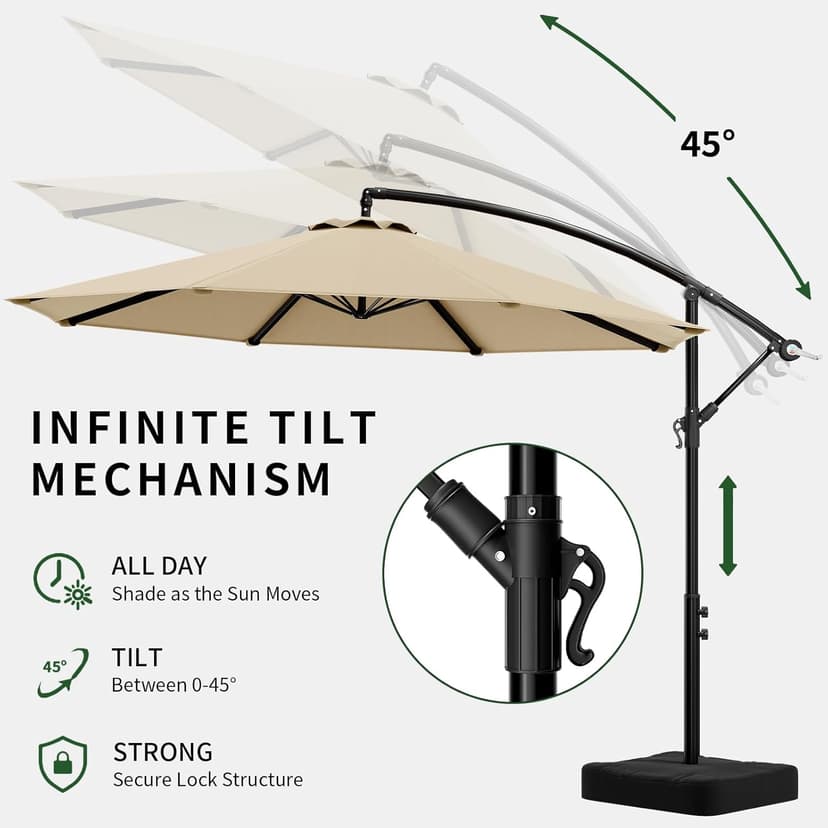 10ft Patio Umbrella with Base Included, Outdoor Offset Cantilever Umbrella w/Upgraded Yarn-dyed Fabric Shade, Sturdy 8 Rids, Easy Tilt Adjustment, for Pool Deck Porch Backyard Garden,Beige