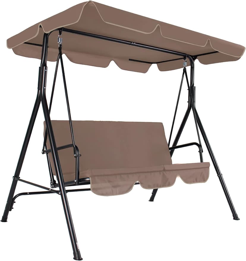 3-Seat Patio Swing Chair, Outdoor Porch Swing with Adjustable Canopy and Durable Steel Frame for Patio, Garden, Poolside(Brown)