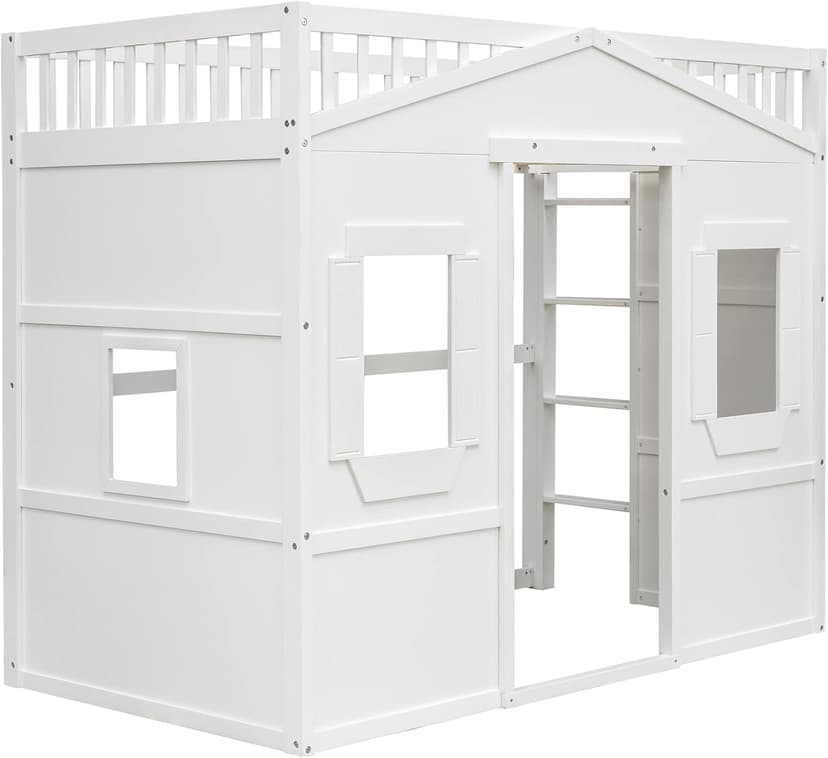 Merax Twin Size Wood Loft Bed, House Bed Frame with Ladder and Safety Guardrails for Kids, No Box Spring Needed, White