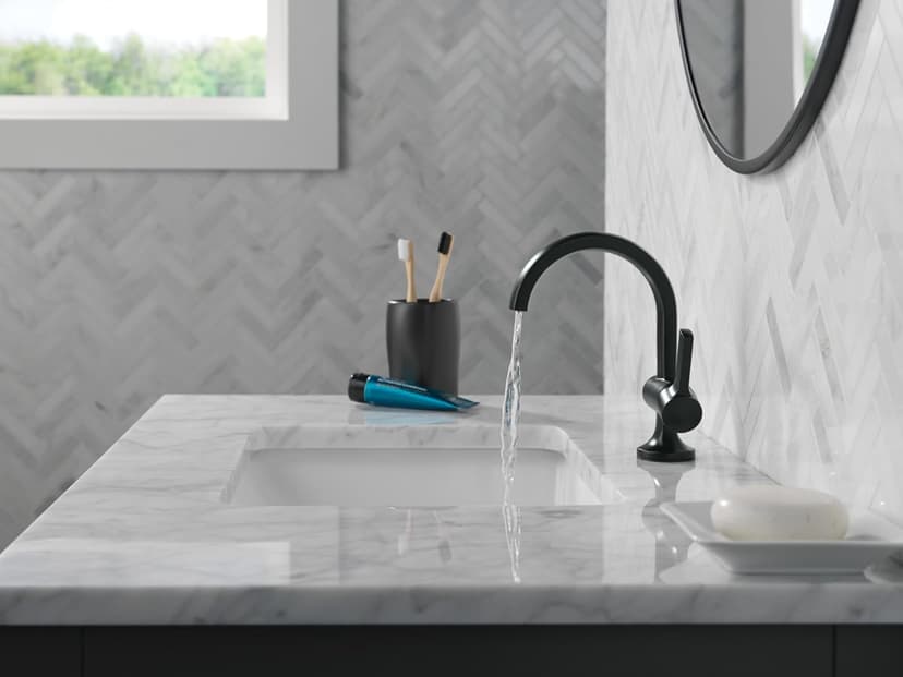 Delta Faucet Albion Single Hole Bathroom Faucet, Matte Black Single Handle Bathroom Faucet, Bathroom Sink Faucet, Metal Push Pop-Up Drain Assembly, 1.2 GPM Flow Rate, Matte Black 15855LF-BL