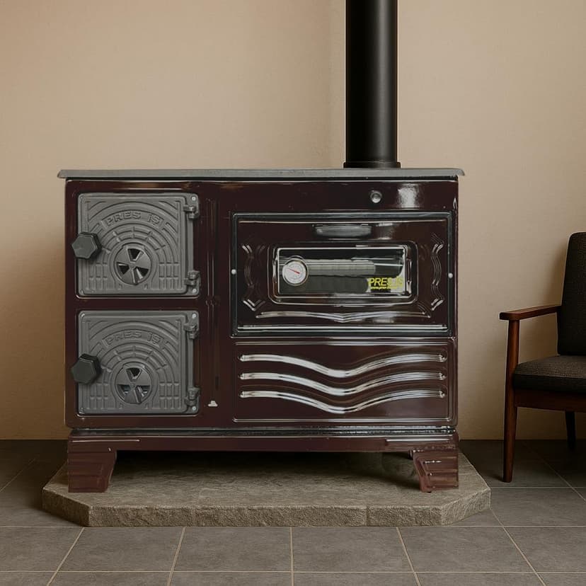 Cast Iron Decorative Oven Stove – Brick Interior, Rustic Ambiance & Light Baking Use – Vintage Style Indoor Fireplace Accessory – Made in Turkiye (Brown)
