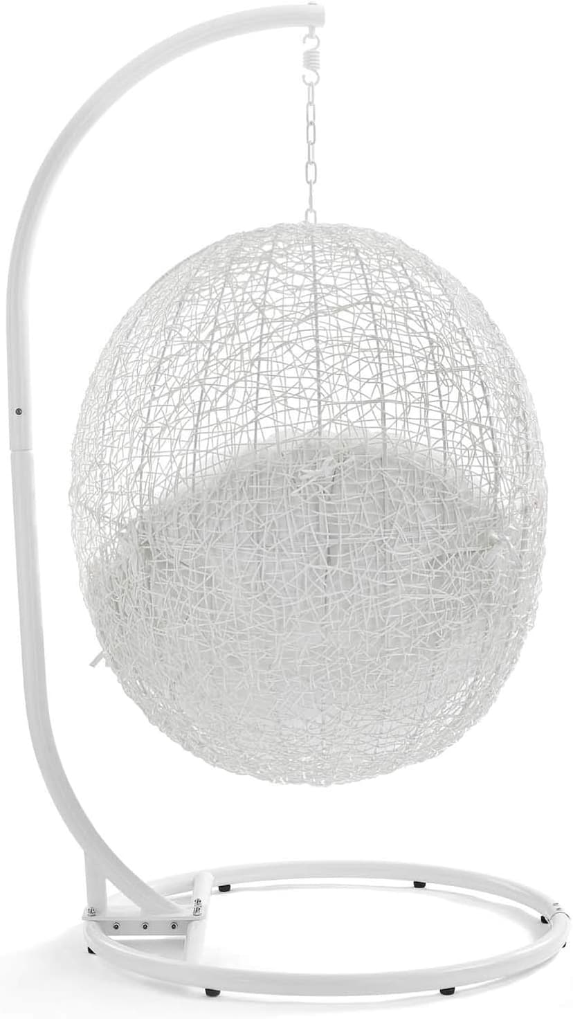 Modway Hide Wicker Rattan Outdoor Patio Porch Lounge Egg Swing Chair Set with Stand in White