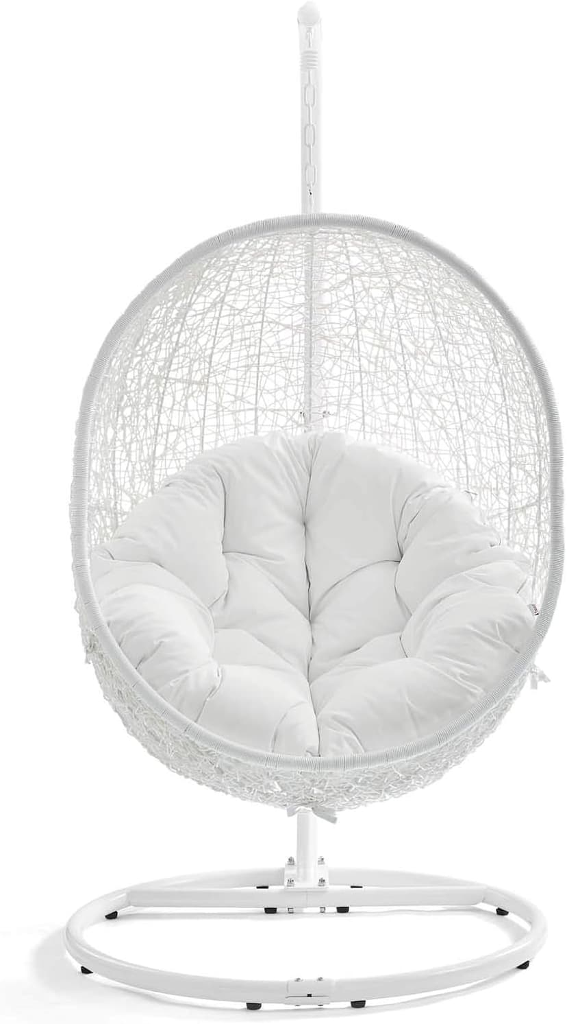 Modway Hide Wicker Rattan Outdoor Patio Porch Lounge Egg Swing Chair Set with Stand in White