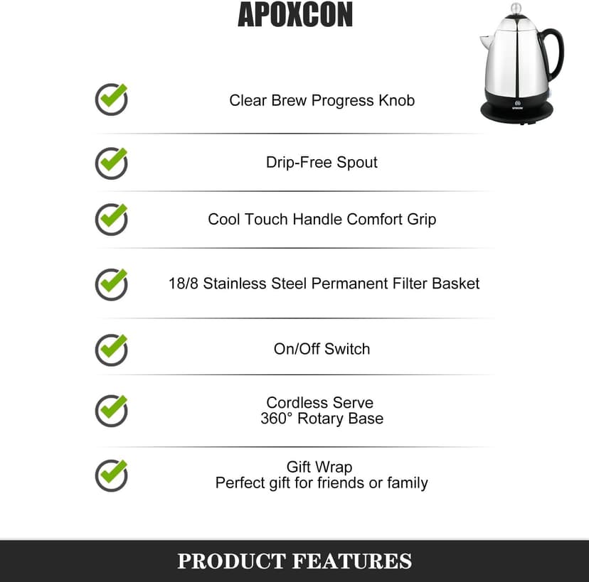 Electric Coffee Percolator Stainless Steel Coffee Maker with Clear Brew Progress Knob and No-Drip Spout Auto Keep Warm & Cordless Serving Coffee pot with On/OFF Switch Fast Brew (10 Cup)
