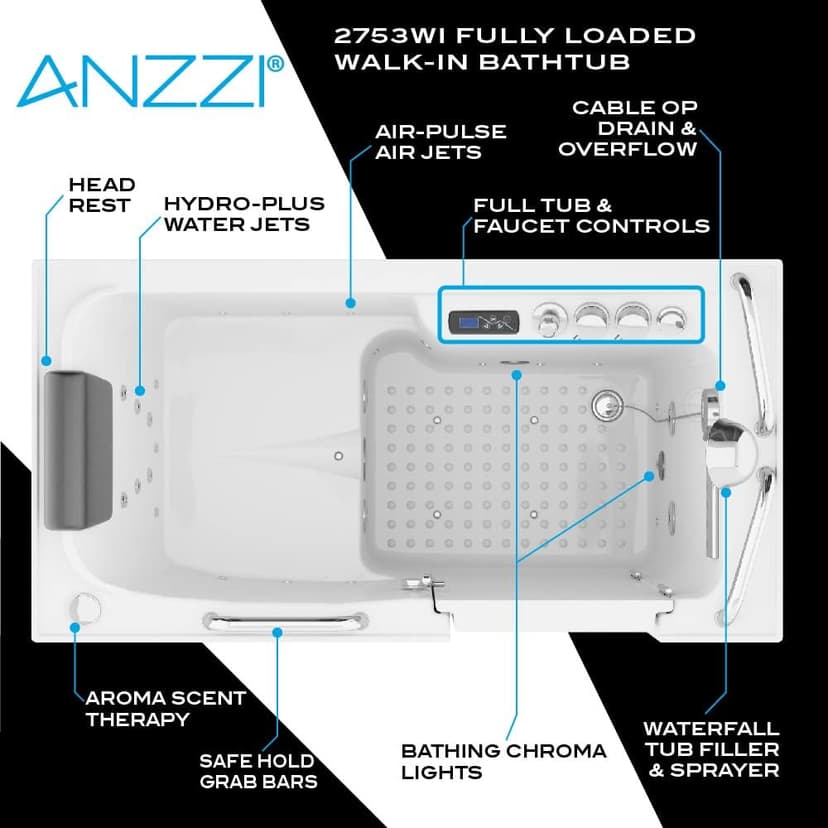 ANZZI Walk In Tub 53" x 27'' Right Drain Fully Loaded Tub, Air Jets & Whirlpool Massage Jets Hot Tub (2753FLWR)