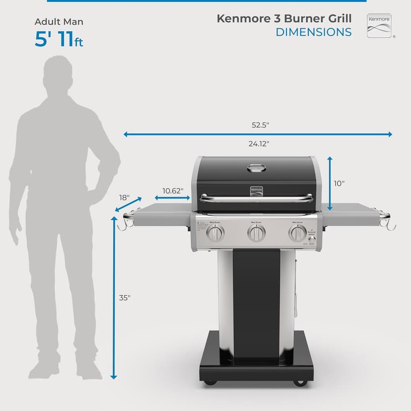 Kenmore 3-Burner Propane BBQ Grill, 30,000 BTUs Gas Grill with Cast Iron Cooking Grates, Folding Side Tables & Wheels, Outdoor Grill with Tool Hooks, Black