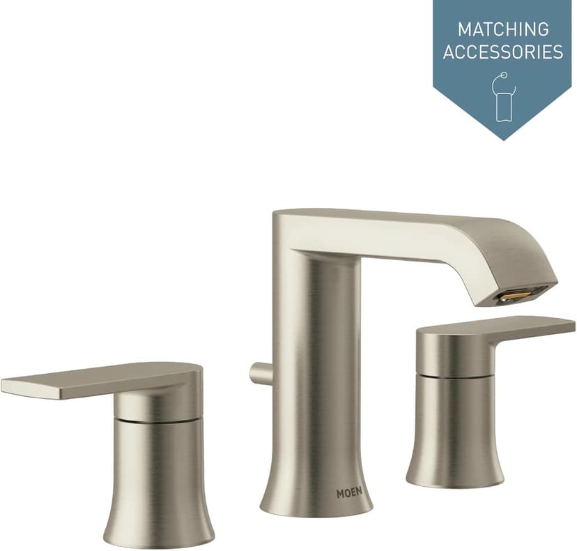 Moen Genta LX Brushed Nickel Two-Handle Three-Hole Widespread Modern Bathroom Sink Faucet with Drain Assembly, (Valve Required), T6708BN