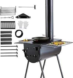 VEVOR 118" Camping Wood Stove, Portable Alloy Steel Tent Stove with 3000in³ Firebox, Outdoor Heating & Cooking Stove with Chimney Pipes & Gloves, Includes 8 Pipes for Efficient Heating