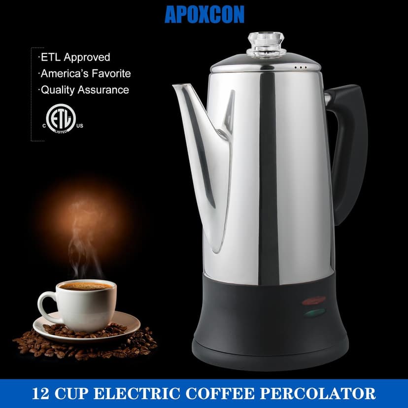 Electric Coffee Percolator Stainless Steel Coffee Maker with Heat Resistant Tough Glass Clear Brew Progress Knob, Keep Warm & Cordless Serving Classic Coffee Pot with On/OFF Switch 12 Cup