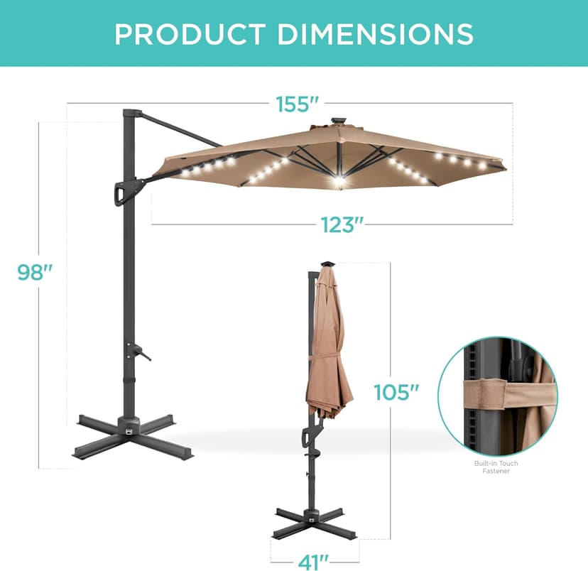 Best Choice Products 10ft Solar LED Cantilever Patio Umbrella, 360-Degree Rotation Hanging Offset Market Outdoor Sun Shade for Backyard, Deck, Poolside w/Lights, Easy Tilt, Cross Base
