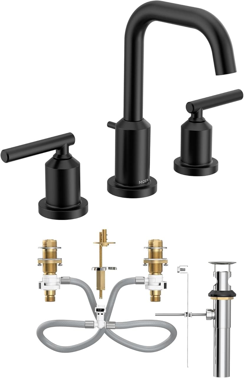 Moen Gibson Matte Black Two-Handle High Arc Widespread Bathroom Sink Faucet for 3-Hole Setups with Valve Included, TV6142BL