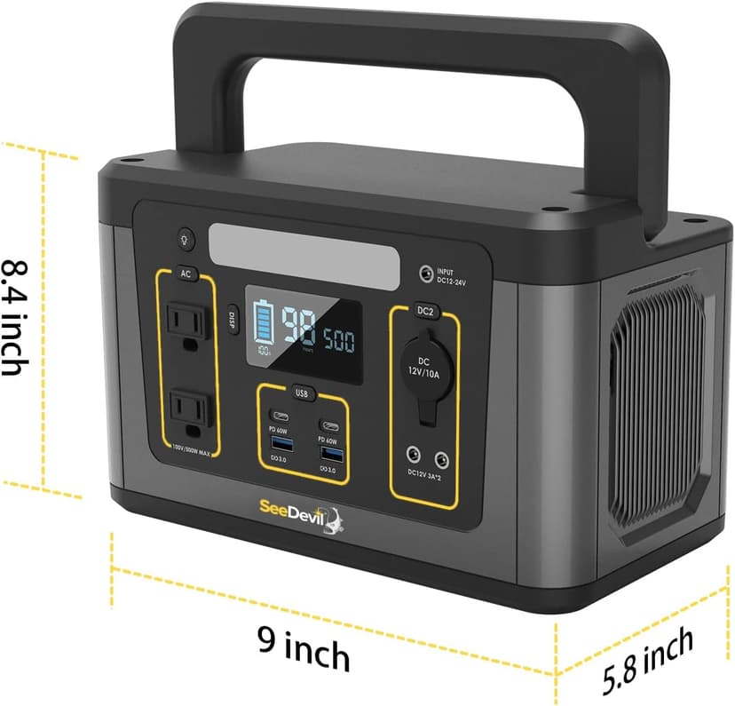 SeeDevil Portable Power Station 500W, 560Wh Lithium Battery, 110V/500W Pure Sine Wave AC Outlet, Solar Generator (Solar Panel Not Included) Great for Camping, Emergency Power, Off-Grid, Outdoor use