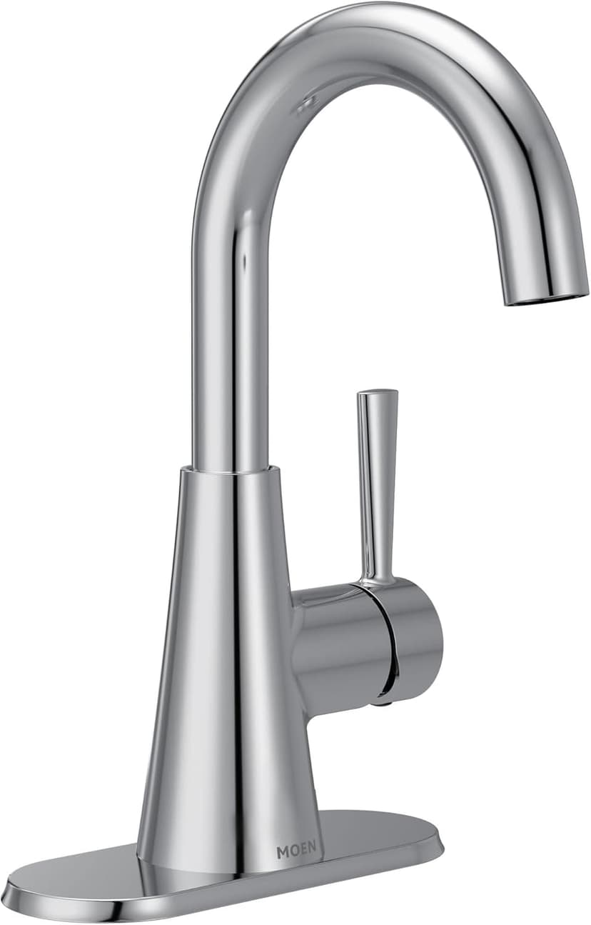 Moen Ronan Chrome One-Handle Single Hole Modern Bathroom Sink Faucet with Optional Deckplate and Spring Loaded Drain Assembly, 84021