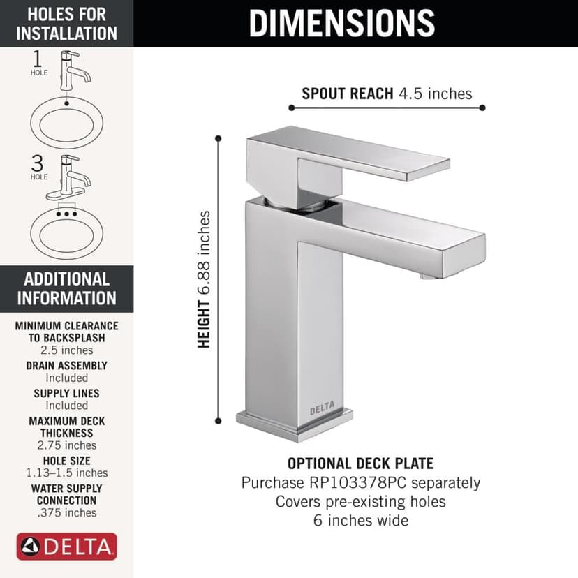 Delta Faucet Modern Single Hole Bathroom Faucet, Chrome Single Handle Bathroom Faucet, Bathroom Sink Faucet, 1.2 GPM, Push Pop-Up Drain Assembly, Chrome 567LF-PP