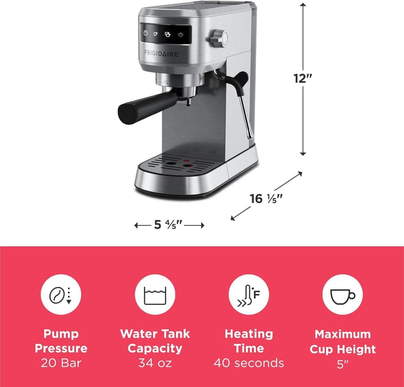 Frigidaire Steam Espresso Maker, Coffee Machine with Milk Frother & Cup Warmer, 20 Bar Pressure, 34 oz Removable Water Tank, Single or Double Shot, Stainless Steel
