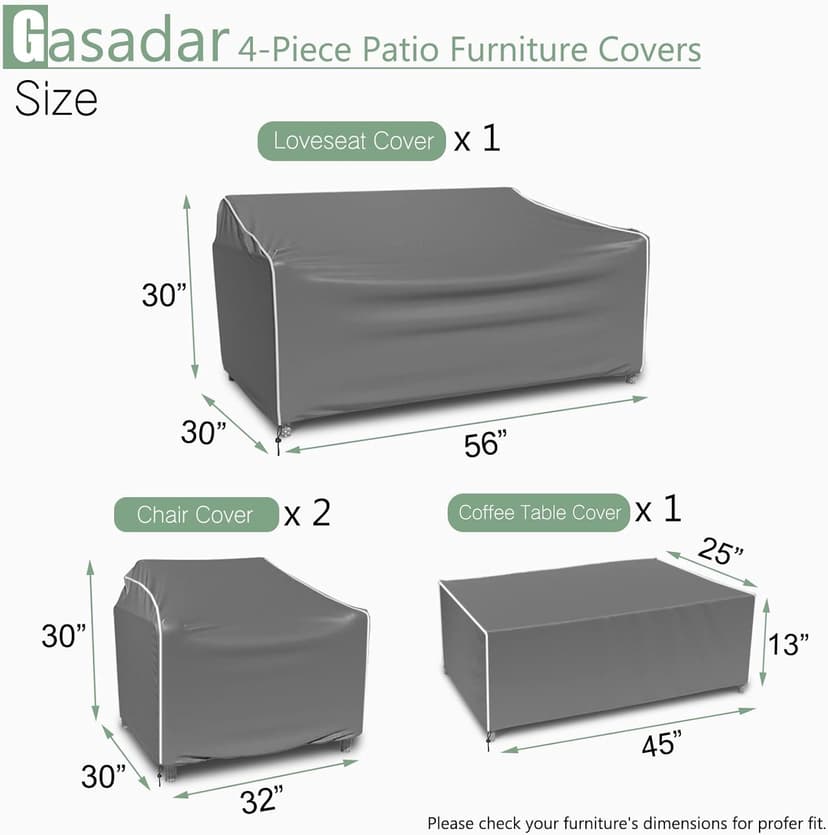 Gasadar Patio Furniture Covers, 4-Piece Outdoor Furniture Cover Waterproof for Patio Loveseat, Chair and Coffee Table, 600D Heavy Duty, Grey