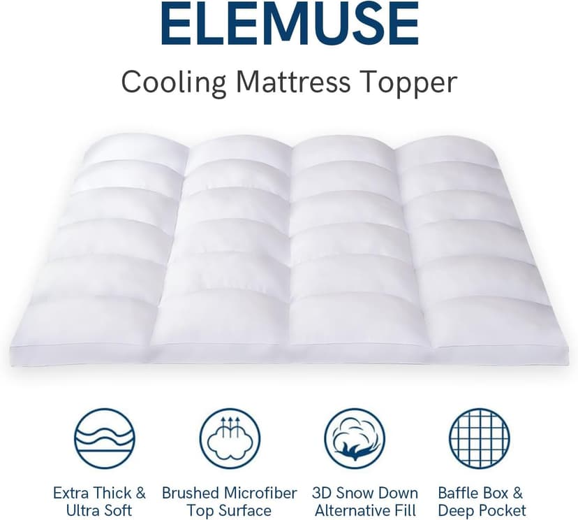 ELEMUSE King Mattress Topper for Back Pain, Extra Thick Mattress Pad Cover, Plush Soft Pillowtop with Elastic Deep Pocket, Overfilled Down Alternative Filling