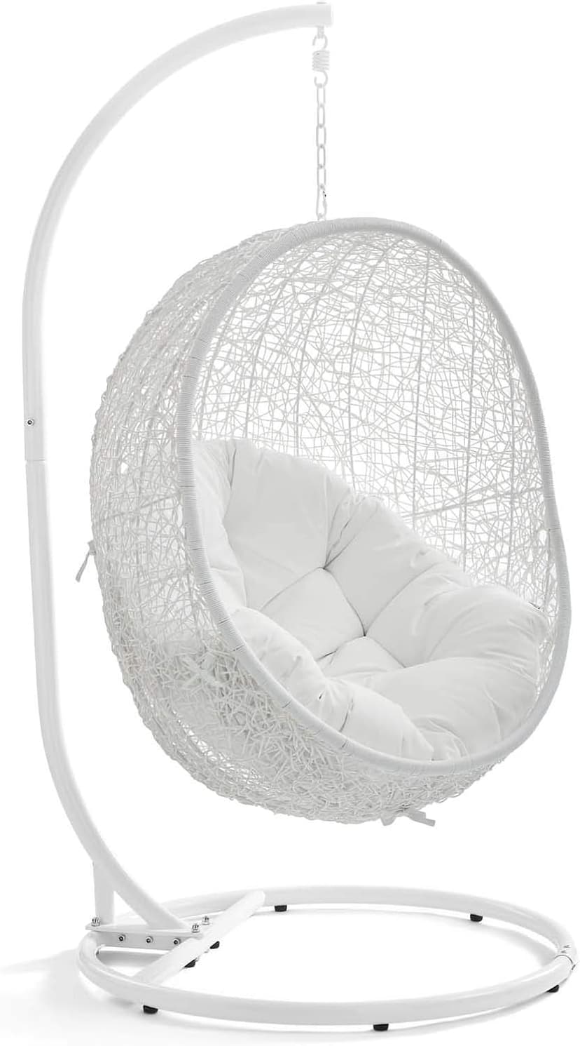 Modway Hide Wicker Rattan Outdoor Patio Porch Lounge Egg Swing Chair Set with Stand in White
